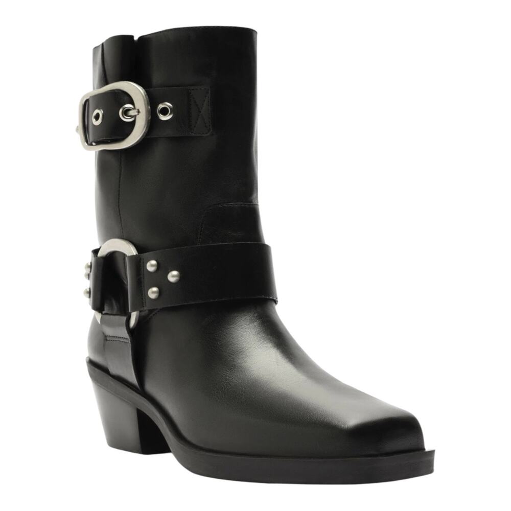 Arezzo Women's Kaia Leather Mid Calf Block Heel Buckled Boots Black Size 8